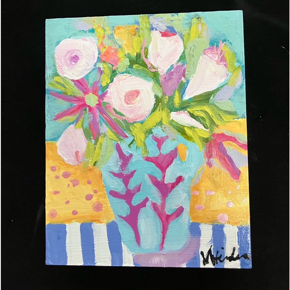 -Pink Spring Flowers In Blue Vase an Acrylic  Original Painting  10”x8”x2”
